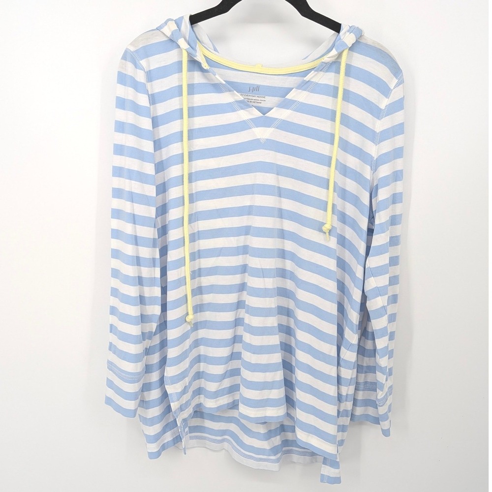 J Jill Fit Everyday Hoodie Women Medium Petite Blue Striped Cotton Modal V-Neck